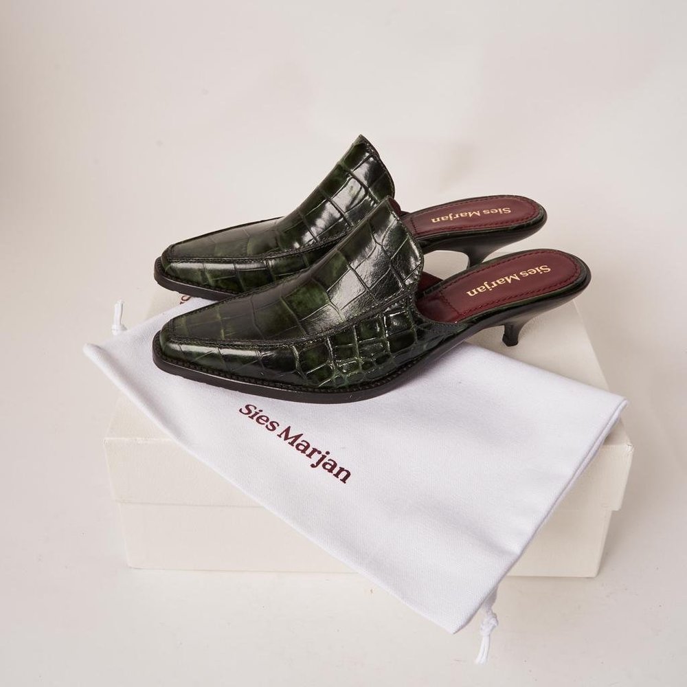 SIES MARJAN Green Crocodile Genuine Leather Slides WOMEN 39.5